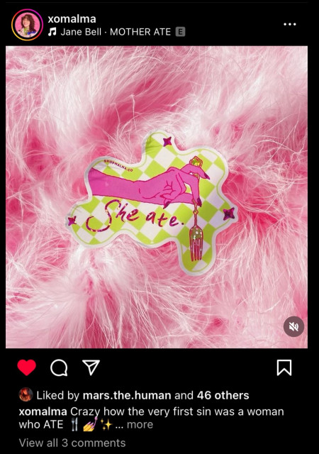 A sticker with the text "She ate." on a pink furry background, displayed in a social media post.