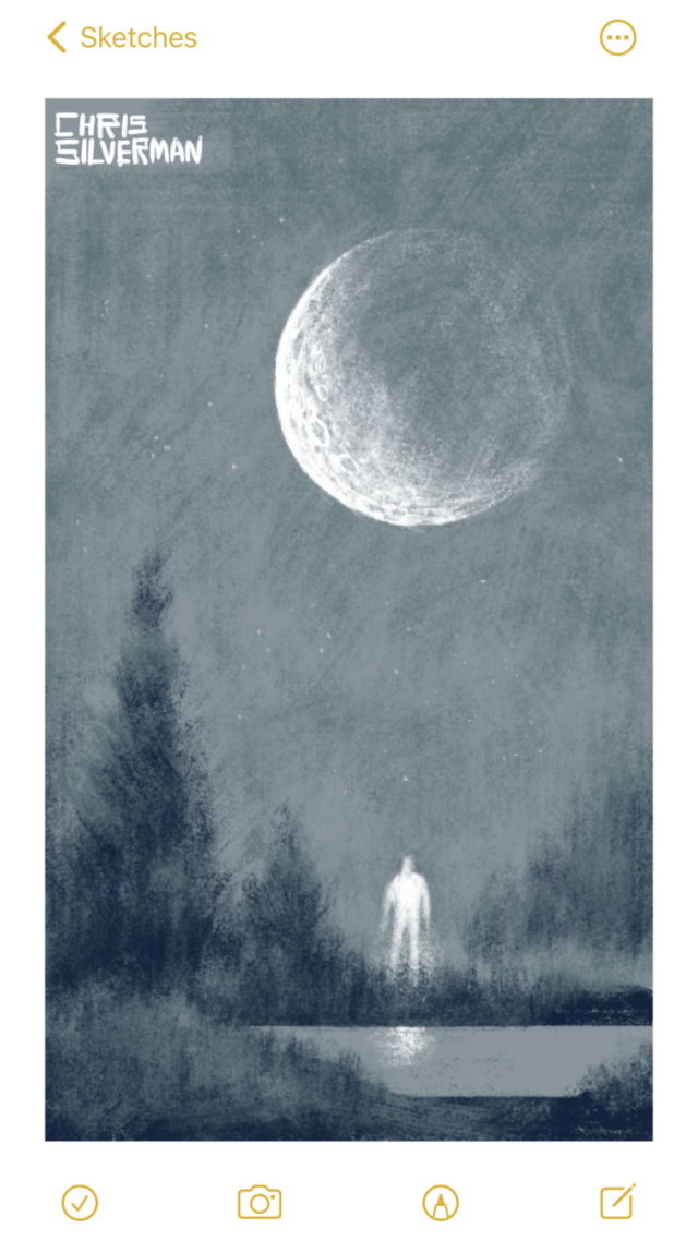 A dark, starry night. A large crescent moon hangs in the sky, so large and close that the craters and surface texture are visible. Below is a small pond, surrounded by grass and a few trees. Standing by the pond, white glow reflected in the water, is a ghostly white figure. This is a monochrome drawing, with no colors other than white and varying shades of gray.