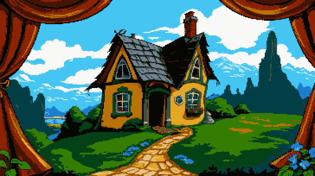 Pixel art of an enigmatic stage, where the tapestry of the night wraps a diminutive dwelling in its hushed lullaby. This house, a mere whisper cradled by the vastness of the void, sits in repose, its very essence a testament to the beauty of seclusion. Curtains, kissed by the breath of solitude, dance a slow, rhythmic adagio, each sway a verse in the silent poetry of isolation. Walls, imbued with the warmth of untold stories, lean into the distorted perspective, their angles defying convention. Amidst this serene desolation, the stage becomes an altar of introspection, where the house, aglow with an inner luminescence, holds a mirror to the quiet courage of existence.  