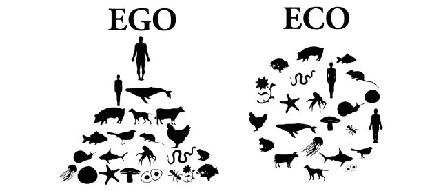 Image, with the words "Ego" and "Eco". Under "Ego" is a pyramid of animals and plants, with humans on top. Under "Eco", humans and animals are equally distributed in a circular shape.