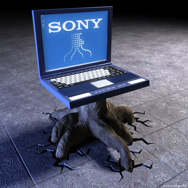 3D illustration, showing a Sony laptop growing roots from the bottom, firmly nesting itself into a paved floor.