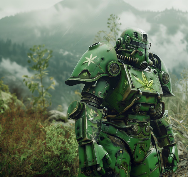 A detailed illustration of a green power armor suit with decorative cannabis leaf motifs, set against a misty mountainous backdrop.