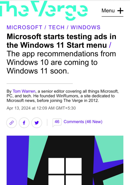 The headline reads: Microsoft starts testing ads in the Windows 11 Start menu / The app recommendations from Windows 10 are coming to Windows 11 soon.