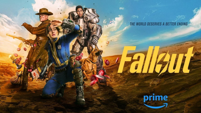 Promo poster for the Fallout show with the 3 main characters posing next to the logo and the tagline "The world deserves a better ending". 