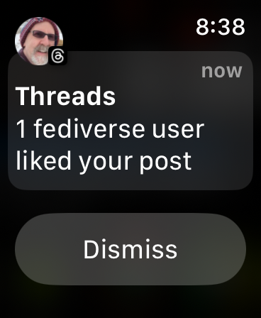 "1 fediverse user liked your post" from an Apple Watch screenshot