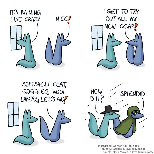 A comic of two foxes, one of whom is blue, the other is green. In this one, Green is looking out of the window as Blue looks delighted. Green: It's raining like crazy. Blue: Nice!  Green looks at Blue with mild confusion, as Blue elaborates. Blue: I get to try out all my new gear!  Blue dashes into action, full of excitement. Blue: Softshell coat, goggles, wool layers, let's go!  Blue and Green head out into the rain. Blue is wearing a coat and goggles, while Green is managing with only a brimmed felt hat. Green: How is it? Blue: Splendid.
