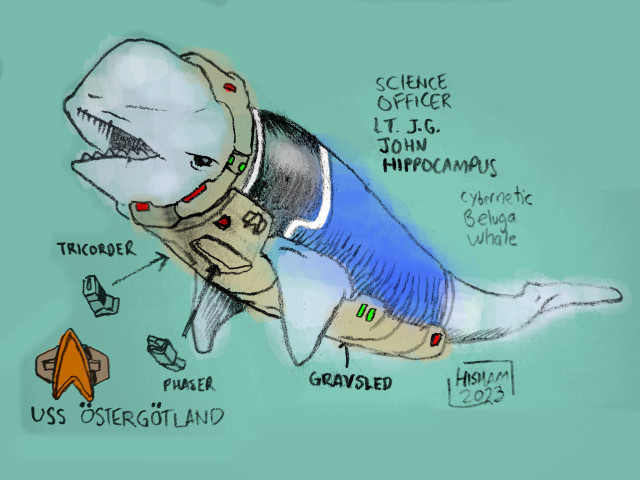 Pencil art with digital sloppy colours of a beluga whale in Cerritos-type science division uniform, environmental collar, gravsled, phaser, tricorder and combadge.