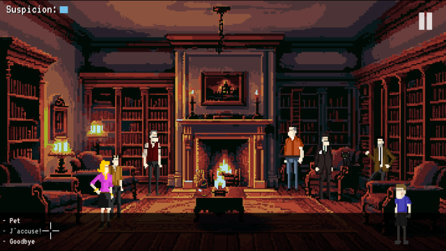 A screenshot of the game showing a comfortable looking private library in a fancy house. Various people are dotted around the room. The player is currently engaged in a conversation with a cat, in which their options are to pet the cat, accuse the cat or say goodbye.