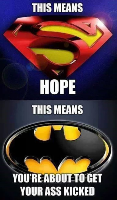Two pictures. 

Top one is Superman's symbol. Words read: This means Hope.

Bottom one is Batman's symbol (Tim Burton's Batman). Words read: This means you're about to get your ass kicked.