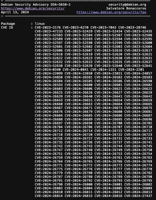 Dozens of CVEs listed in Debian Security Advisory DSA-5658-1