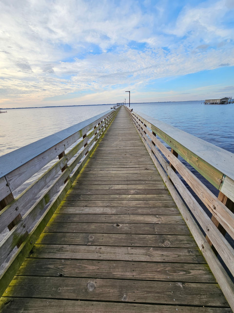 On a bright sunny day, a view down the center of a very long weathered wood pier, extending far into a vast river beneath a baby-blue sky with fluffy white clouds.