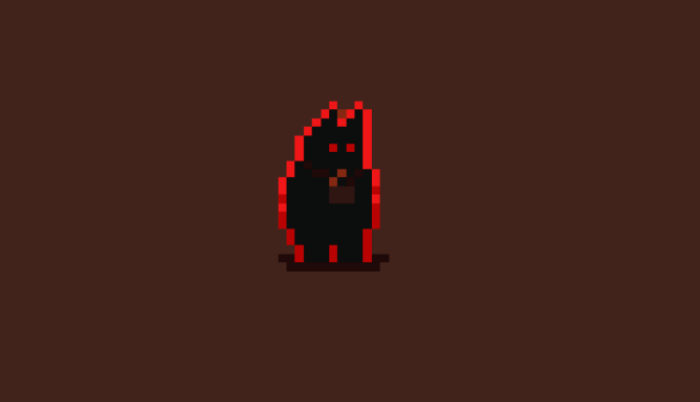 Pixel art game character. It is a black demon with horns and glowing red eyes, and a bright orange outline. About 20 pixels in height.