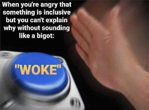 When you're angry that something is inclusive but you can't explain why without sounding like a bigot: "WOKE"

<Image shows a hand slapping down on a WOKE button.>