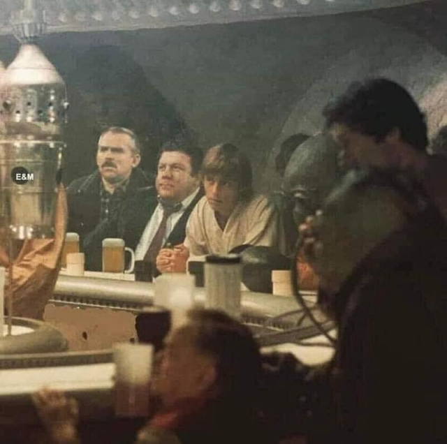 Characters from the Cheers TV series are seen at the bar in the cantina scene in the original Star Wars, a New Hope.