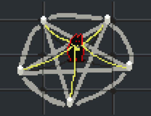 The pixel art demon character I shared earlier, but in a big pentagram drawn on the floor with some sort of magic ropes binding him. They definitely look like magic ropes, trust me.