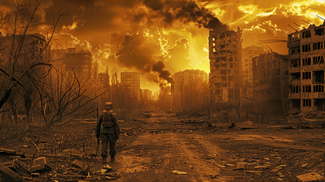 A haunting post-apocalyptic scene. A lone figure, clad in military gear and a helmet, walks away from the viewer down a devastated urban street. The environment is grim and desolate, with the skeletal remains of buildings lining the road, their windows blown out, suggesting the aftermath of a catastrophic event.

The sky is a maelstrom of fiery oranges and yellows, filled with billowing smoke and the ominous glow of fires still raging out of control. Lightning crackles in the heavy clouds above, adding to the sense of chaos and destruction. Debris litters the ground, and what appear to be abandoned possessions are scattered throughout, hinting at the suddenness of whatever disaster occurred. The image powerfully conveys a sense of solitude, desolation, and the devastating impact of war or disaster on the urban landscape.