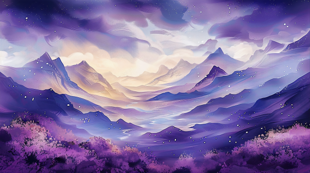 A captivating and surreal landscape painting that invokes a dreamlike quality. It features a range of majestic mountains under a vast sky transitioning from twilight to dawn. The sky is awash with soft clouds and stars, suggesting a time when night meets the early morning light.

The mountains are rendered in varying shades of purple, giving the scene an ethereal and otherworldly feel. In the foreground, there are fields of flowers with a gentle, blushing pink hue that contrasts beautifully with the cool purples of the mountains. A river meanders through the valley, reflecting the light of the sky and contributing to the overall sense of tranquility. The image is rich in texture and depth, with each brushstroke adding to its enchanting atmosphere. It’s a place that seems both fantastical and serene, a visualization of peace and natural beauty.