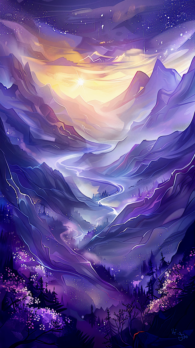 A beautifully vibrant digital painting that depicts an enchanting mountainous landscape at twilight. A snaking river of light leads the eye through the valley, reflecting the brilliant colors of the sky above. The sky itself transitions from a deep violet to a warm, golden glow where the sun appears to be just below the horizon, casting its rays upward and illuminating the clouds.

The mountains and valleys are layered in shades of purple and blue, with touches of pink and gold from the sky's reflection, creating a sense of depth and tranquility. Blossoming trees in the foreground add a splash of brighter colors to the scene, with their pink and white hues. Stars beginning to show in the upper parts of the sky suggest the approaching night, adding to the magical feel of the landscape. The whole scene is alive with color and light, providing a sense of peace and wonder.