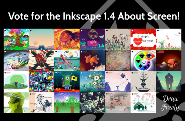 Image of the 27 validated entries for the About Screen Contest. 

Text: Vote for the Inkscape 1.4 About Screen! Draw Freely.