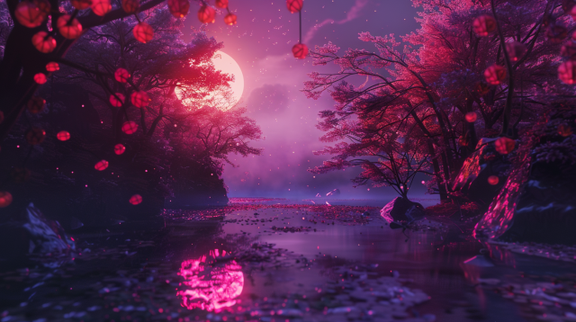 A serene and mystical river scene, bathed in the vibrant hues of twilight. Pink and purple tones dominate the landscape, casting a dreamy glow over the water and the blossoming trees that line the riverbank. The water is calm, mirroring the intense colors of the sky and the silhouettes of the trees.

A large, radiant moon rises in the background, illuminating the scene and enhancing the magical ambiance. The air is filled with glowing particles and floating blossoms, which add to the ethereal quality of the setting. The peacefulness of the scene is palpable, inviting viewers to pause and immerse themselves in the tranquil beauty of this otherworldly place. It's a visual escape to a place where nature and fantasy intertwine.