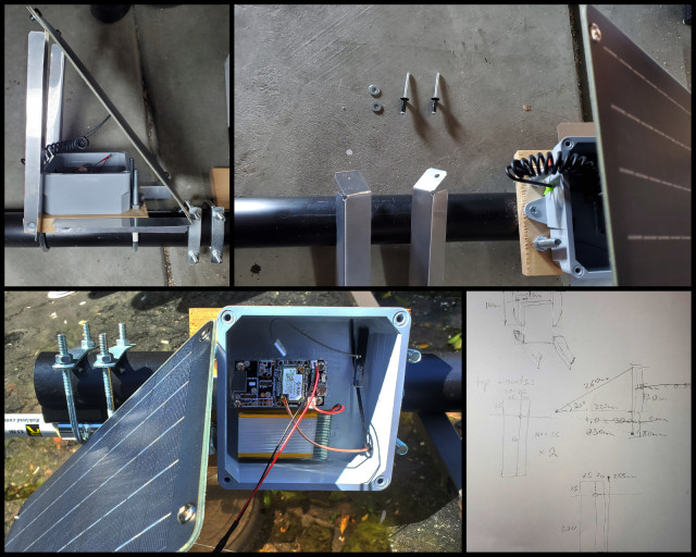 Collage of pictures showing solar panel mount to meshtastic node on an ABS pole. Clockwise from top-left: Assembled panel mounted to carrier board with L-channel pieces, close up of bottom L-channel supports to be rivetet to the panel, rough sketch of the mount, rest of solar panel plugged into Rak wireless unit.