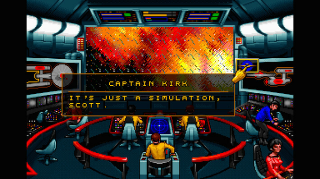 The bridge of the starship Enterprise with the whole crew on board. Words in dialogue box reads "Captain Kirk: It's just a simulation, Scott."