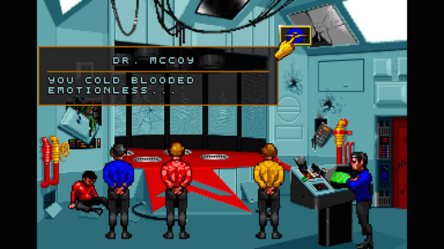 The crew is standing around a broken transporter. Dialogue box reads "Dr. McCoy: You cold blooded emotionless..."
