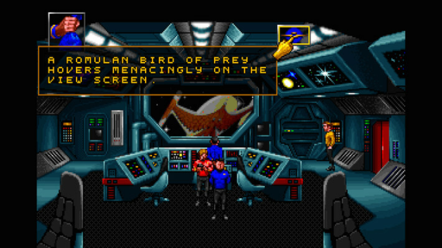 The crew is on a bridge somewhere. Dialogue box reads "A Romulan Bird of Prey hovers menacingly on the view screen."