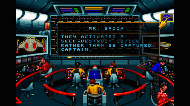 The crew is on the bridge. Words read "Mr. Spock: They activated a self-destruct device rather than be captured, Captain."