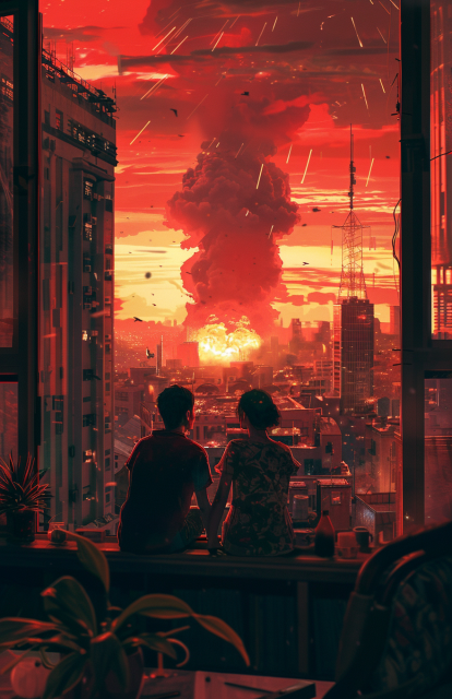 A striking and emotive digital artwork. It portrays a couple sitting by a large window, observing a catastrophic explosion — a mushroom cloud — in the distance. The scene is rendered in dramatic shades of red and orange, suggesting an apocalyptic or critical event. Despite the chaos implied by the explosion, the couple's posture is calm and composed, suggesting a poignant moment of peace and resignation amidst disaster.

The cityscape is detailed with buildings that silhouette against the fiery backdrop of the explosion and the illuminated sky. Debris is subtly depicted as falling through the air, hinting at the violence of the event. The overall mood of the image is one of eerie beauty and contemplation, capturing a snapshot in time where personal connection contrasts with a wider context of turmoil.