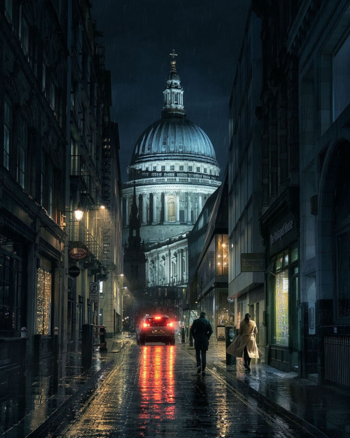 Night scene of rain in London UK