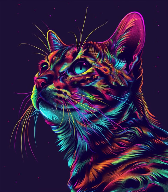 A vibrant and colorful digital illustration of a cat. The cat’s fur is rendered in a spectrum of neon colors against a dark, star-speckled background, creating a striking contrast. The use of color is vivid and dynamic, giving the illustration a lively and energetic feel.

This artistic style imbues the cat with a sense of movement and vitality. The intricate lighting and shading bring out the textures of the cat’s fur, while the bold use of color highlights its features with an almost otherworldly glow. It’s a modern and stylish take on a classic subject, blending the natural elegance of the cat with a psychedelic color palette.
