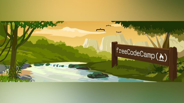 The image depicts a tranquil natural landscape scene with a flowing river, lush greenery, a tall tree, a wooden signpost with the freeCodeCamp logo, hills in the background, a mountain range, a gradient sky, and birds flying in the distance.

Source: https://camo.githubusercontent.com/b965d9b520167d5e1f9c86f9da08808d6a6827e16e09357fd67c20ebb96af27c/68747470733a2f2f73332e616d617a6f6e6177732e636f6d2f66726565636f646563616d702f776964652d736f6369616c2d62616e6e65722e706e67