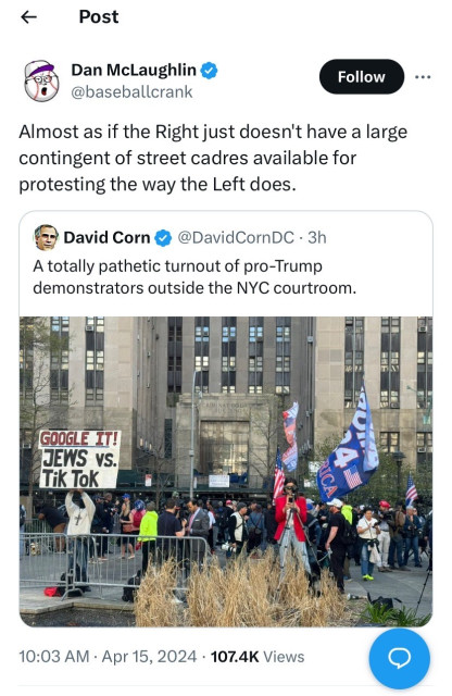 Twoot by @baseballcrank commenting on the lame turnout by pro-Trump protesters in Manhattan:

“Almost as if the Right just doesn't have a large contingent of street cadres available for protesting the way the Left does.”