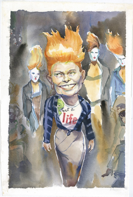 Watercolor sketch of an older Vivienne Westwood, with flame colored hair combed straight up. She is flanked by models with the same hair and white makeup. Vivienne has a plush stuffed frog peaking out from her plaid shirt. 