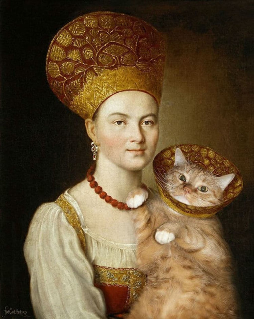 Ridiculous photo mimicking a famous 1784 painting of a woman in a fancy golden hat and ruffled blouse.  The original painting by Ivan Argunov was called "Portrait of an Unknown Peasant."

However, this image has been edited to have the woman holding an orange tabby cat wearing a matching golden cone.

In the linked video, I've used several similar images as imaginary album covers, usually of cats digitally edited into famous works of art.