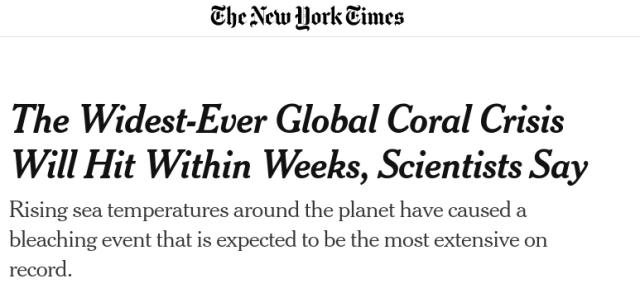 Headline: The Widest-Ever Global Coral Crisis Will Hit Within Weeks, Scientists Say

Rising sea temperatures around the planet have caused a bleaching event that is expected to be the most extensive on record.