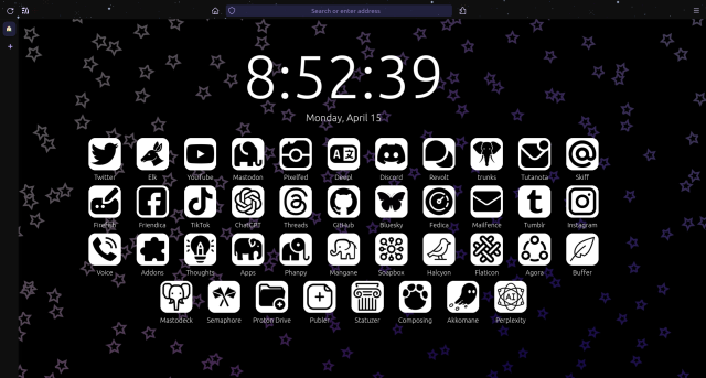 A computer screen displaying a browser with a custom theme showing various social media and service icons against a night sky background with stars and time displayed prominently in the center.