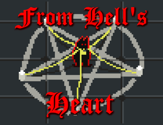 Thumbnail for my game on Itch and the Ludum Dare site. It shows a pixel art demon tethered to a pentagram and the text "From Hell's Heart"