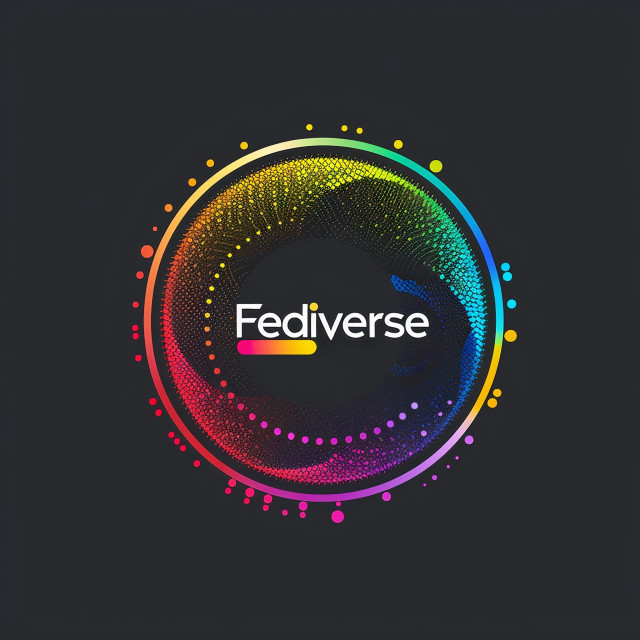 Graphic image with a colorful circular design centered around the word "Fediverse" on a dark background.