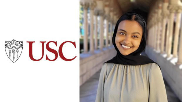 Photo of Asna Tabassum, a young woman smiling in a hijab, and the USC logo.