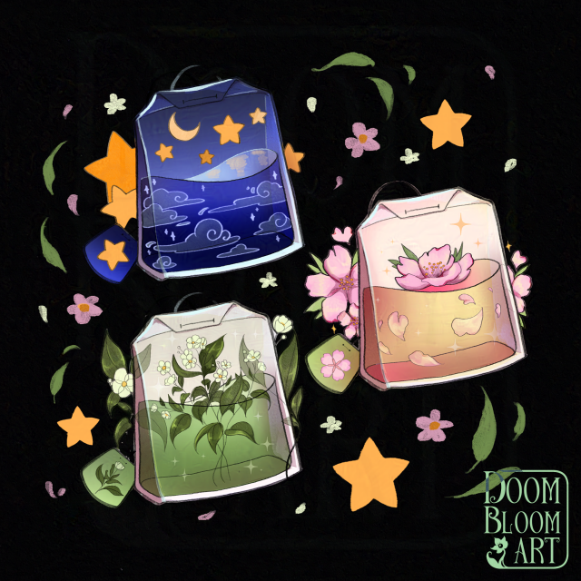 Three stylized tea bags arranged in a triangular composition: top left one is dark blue with stars and clouds, middle right one is pink-orange with flowers, bottom left one is green with tea plant. Black background and little stars, flowers and leaves fill the empty space.