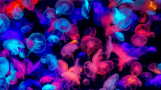 A photo with colourful jellyfishes surrounded by the darkness of the ocean.   

  