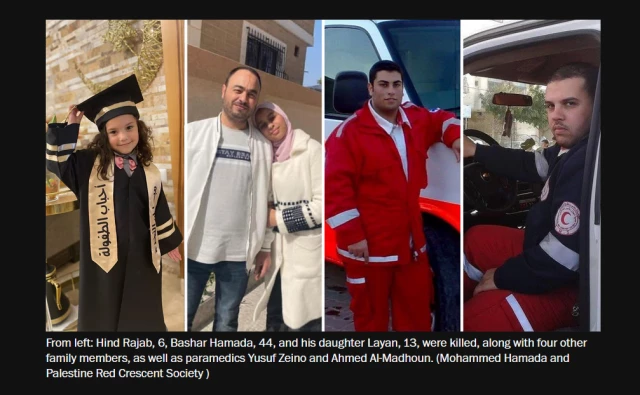 Photo compilation from article with caption:
From left: Hind Rajab, 6, Bashar Hamada, 44, and his daughter Layan, 13, were killed, along with four other family members, as well as paramedics Yusuf Zeino and Ahmed Al-Madhoun. (Mohammed Hamada and Palestine Red Crescent Society )