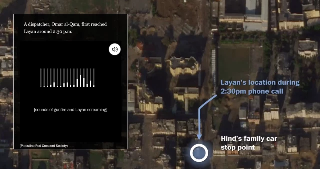 Screen shot of an audio player embedded in the article. The text above the audio bars reads: "A dispatcher, Omar al-Qam, first reached Layan around 2:30 pm."

The text below the audio bars reads: "[sounds of gunfire and Layan screaming]"

Behind the audio player embed is a satellite photo of an area of Gaza with a small circle and text showing "Hind's family car stop point" and "Layan's location during the 2:30pm phone call"