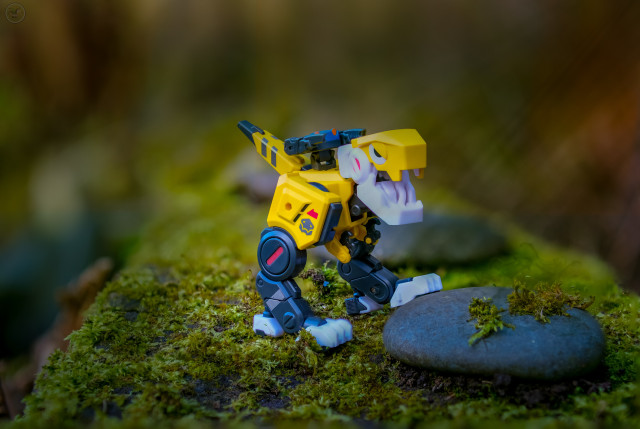 Robot dinosaur on moss covered stone, focal stacking used to focus scene