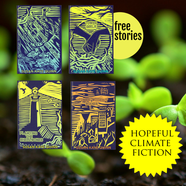 4 covers for stories 
free stories
hopeful climate fiction