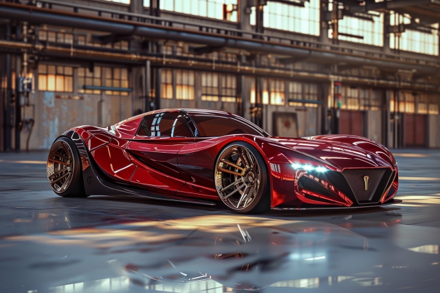 A sleek and futuristic supercar that exudes luxury and speed. Its design is highly stylized with fluid lines, bold contours, and a lustrous red finish that captures the light beautifully, reflecting its surroundings with a mirror-like sheen.

The car is set in what appears to be an industrial warehouse or a spacious garage, which contrasts the vehicle’s polished aesthetic with a more gritty, utilitarian background. The wheels are intricately designed, with rims that complement the vehicle's high-end look. The aggressive stance and low profile of the car suggest that it's built for performance, while its unique styling points to a cyberpunk or near-future inspiration. It's a car that wouldn't look out of place in a high-octane sci-fi movie, turning heads wherever it goes with its striking presence.