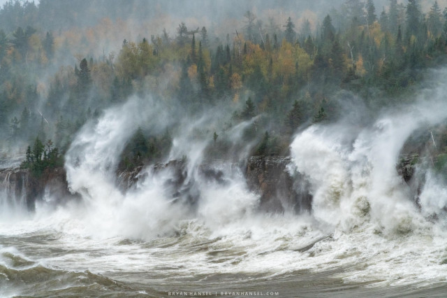 Waves slamming into 80-foot cliffs and sending spray hundreds of feet into the air and trees above.