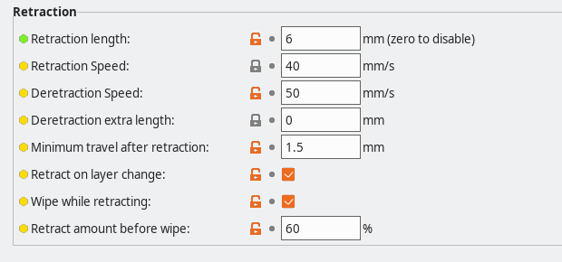 Screenshot of my retraction settings in prusa-slicer, indicating 6mm length and 40mm/s speed, among other things that are less germane to this toot. 

If you are using a screen reader and are extremely nerdy and therefore interested in the fine details of my cheap 3D printer, please let me know and I'll update this text and make sure I get all future 3D settings into alt texts in a readable and efficient manner. I could just paste in the relevant config file sections, really...